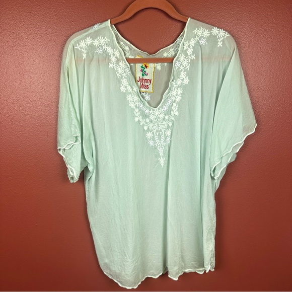 Johnny Was Tops - Johnny Was boho embroidered blouse v-neck blue green size medium